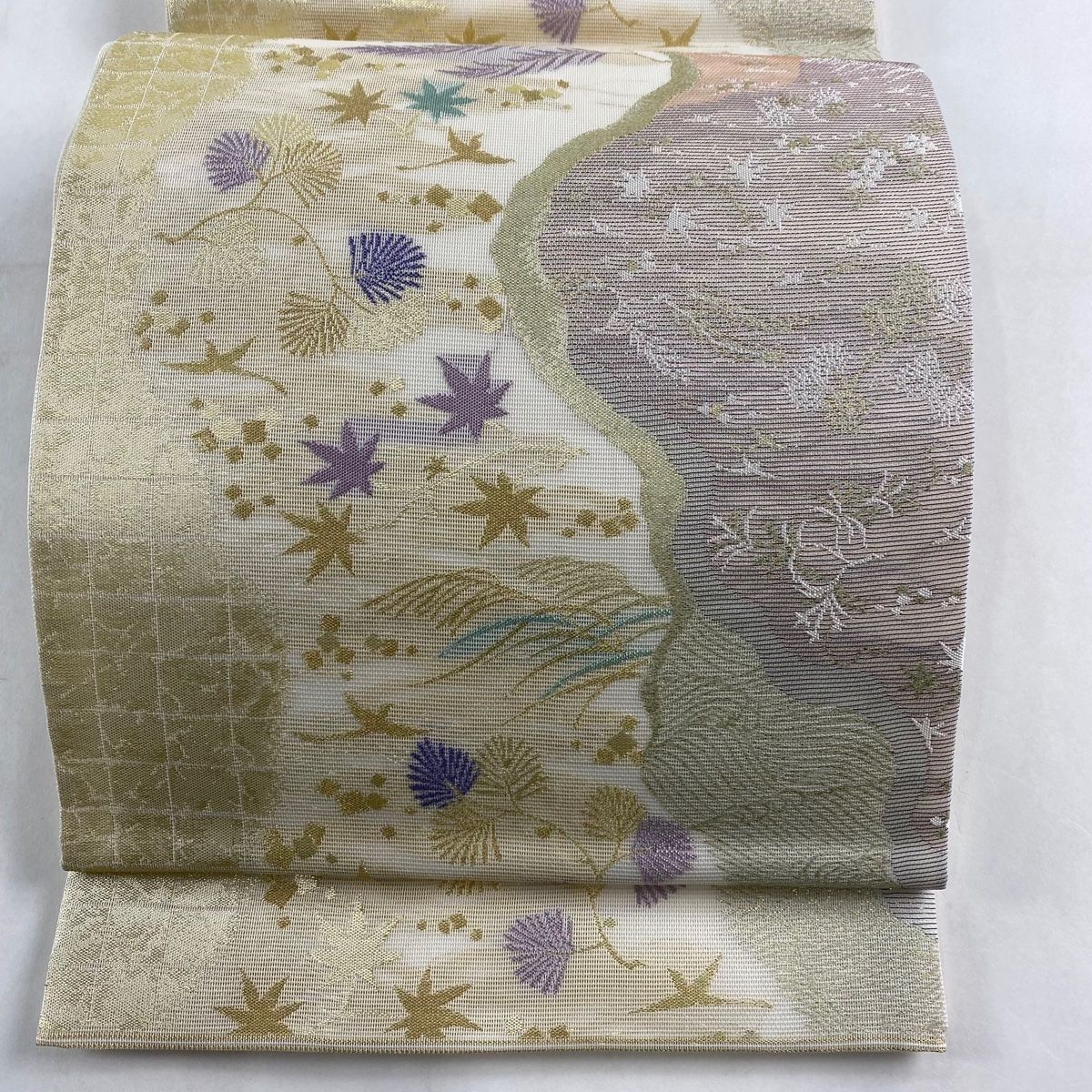 袋帯 名品 夏帯 関西仕立て 絽 道長吹寄せ文 金糸 箔 クリーム お太鼓柄 正絹