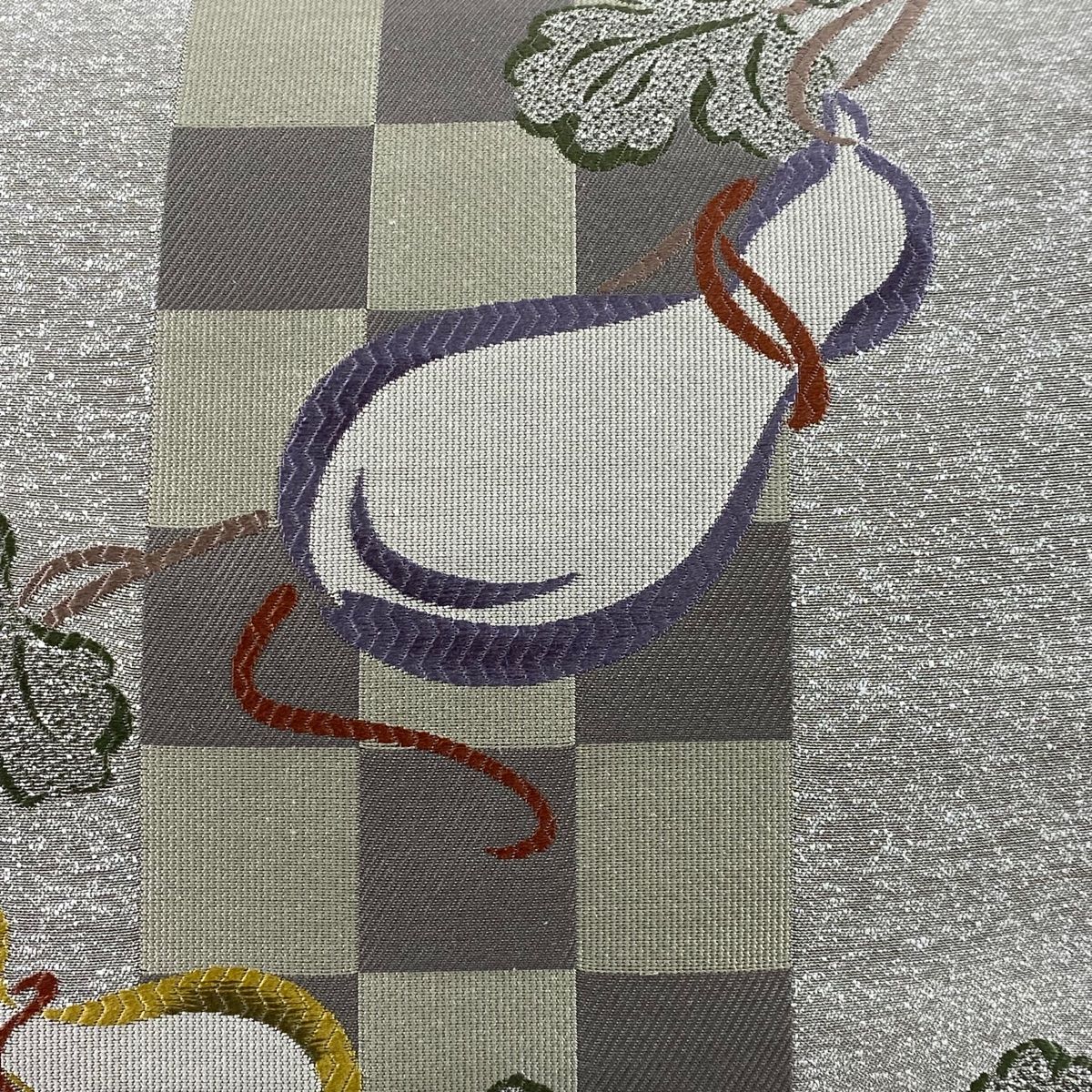 袋帯 秀品 瓢箪 市松 箔 唐織 銀色 六通 正絹