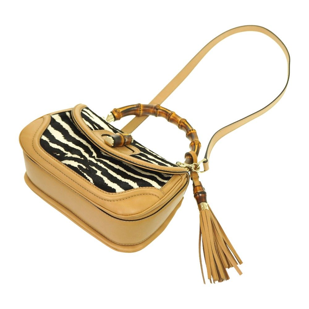 ビンテージGUCCI ゼブラ柄 ハラコハンドバッグ グッチ ニューバンブー ハラコ/レザー ショルダー ハンドバッグ ゼブラ