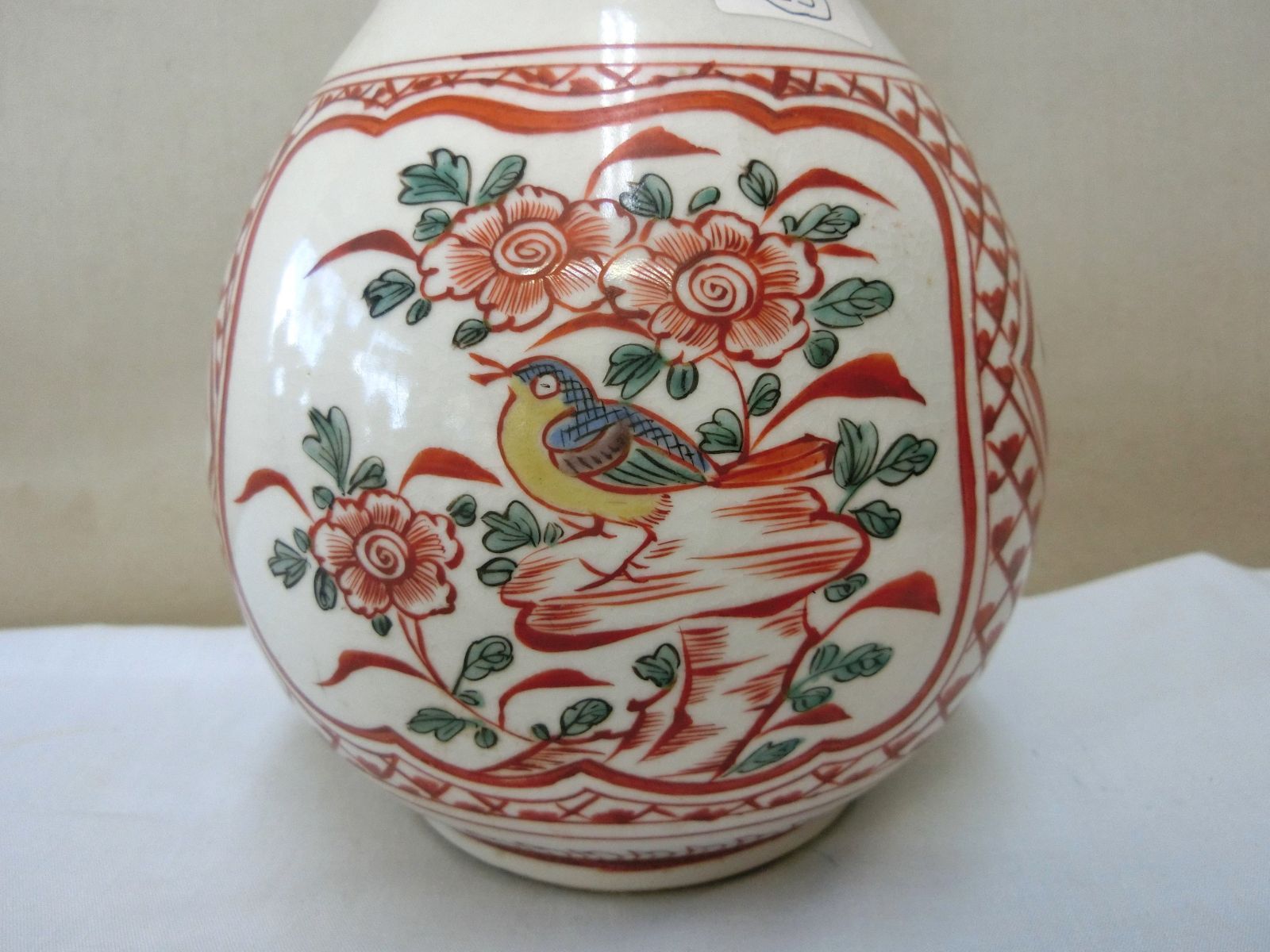 【九谷瓢箪型花器　色絵　角福銘　窓絵花鳥人物図・33】◆花瓶鑑賞　美術工芸　見事 九谷瓢箪型花器 色絵 角福銘 窓絵花鳥人物図・33】◇花瓶鑑賞