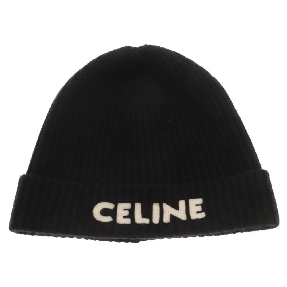CELINE 黒 リブ編み ビーニー CELINE (セリーヌ) フロントロゴリブ編みウールニット帽