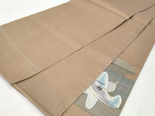 a666 正絹 明綴れ　刺繍　鶴　お太鼓柄袋帯 金糸 着物 平和屋着物＊夏物 明綴れ 太鼓柄袋帯 群鶴 金銀糸 正絹 逸品