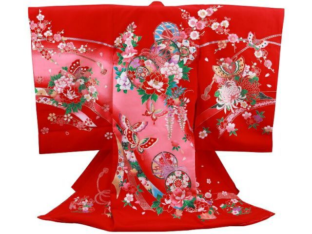 お宮参り 金刺繍入り 正絹 着物 長襦袢 セット 女児 女の子 子供 産着 祝着 赤色 un-256