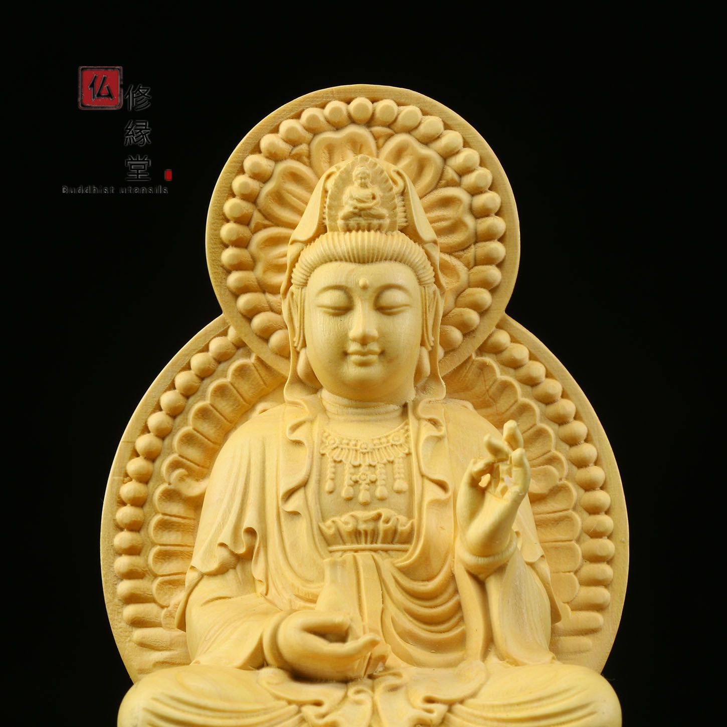 修縁堂】木彫り 仏像 阿弥陀三尊座像 彫刻 仏教工芸品 柘植材 ご利益 
