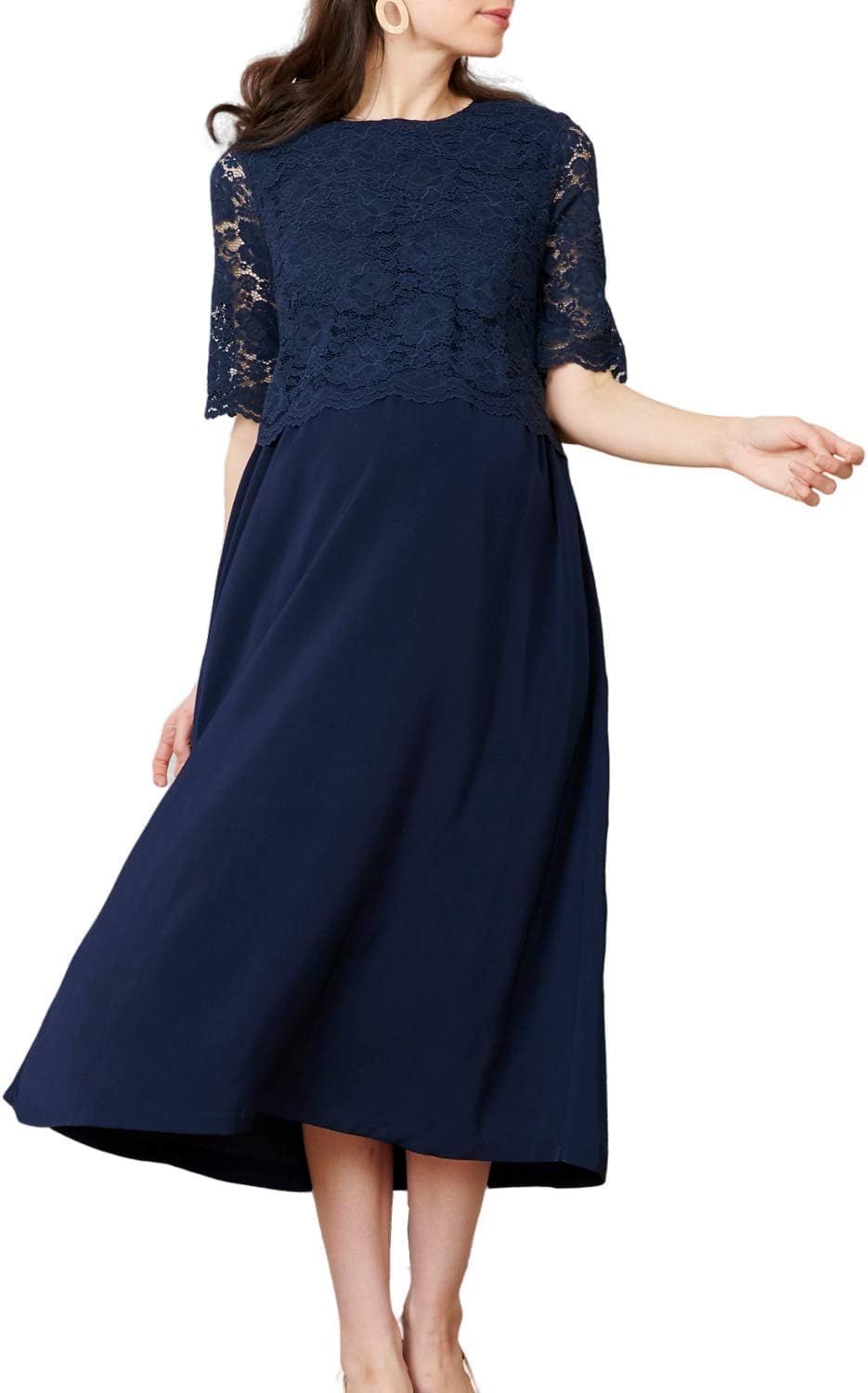 [スウィートマミー] Sweet Mommy マタニティワンピース 授乳服 レース × プレーンスカート ロングドレス フォーマル お宮参り 結婚式 [Bタイプ:コンビ]ネイビー L