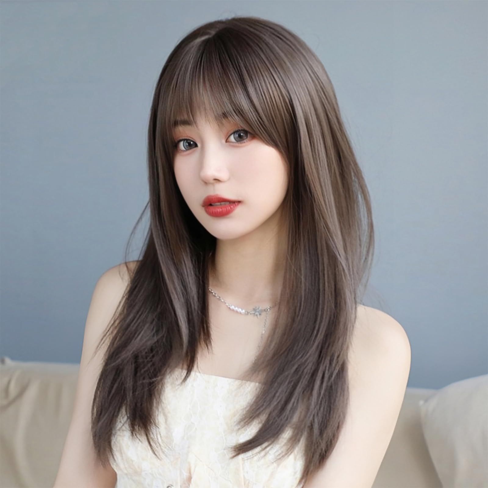 レイヤードカット ミディアム ストレート フルウィッグ かつら レディーズ セミロング wig ぱっつん前髪 自然 ウィッグ 小顔 耐熱 原宿系 HAIRCUBE ロリータ 日常 ネット|櫛付 クールブラウン