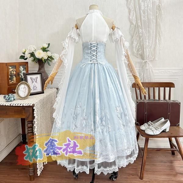 ロリータセットOP+SK パフスリーブ ハイウエスト レース ゴシック