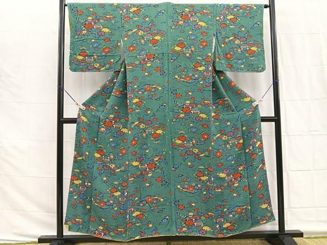 平和屋着物□上質な小紋 型染め 風景花文 鬼しぼ縮緬 正絹 逸品