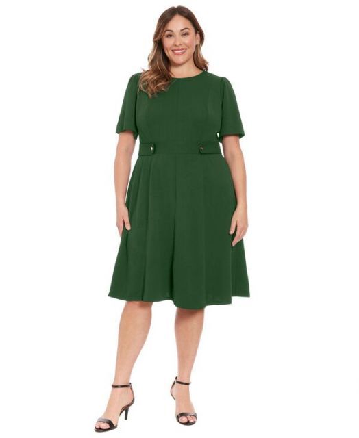 送料無料 ロンドンタイムス レディース ワンピース トップス Plus Size Fit - Flare Scuba Crepe Midi Dress Eden Green