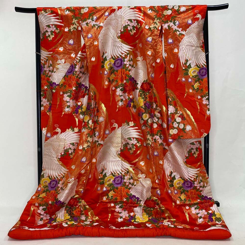 色打掛 正絹 鶴 刺繍 金 赤 打掛 Mサイズ 裄66 花嫁衣裳 婚礼  
