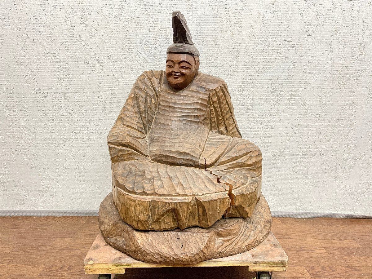 ● 円空作銘あり 柿本人麿坐像 柿本人麻呂 仏像 高さ73cm 天然木 木彫り 円空仏 アート 時代物 仏教美術 貝1257