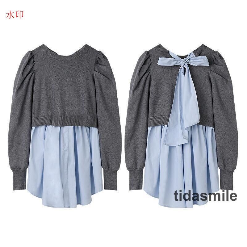 ニットブラウス ドッキング バックリボン チュニック ニット ブラウス レディース トップス りぼん パフスリーブ 重ね着 長袖 シャツ 上品 可愛い 大人 秋 冬 ニットブラウス ドッキング バックリボン チュニック ニット