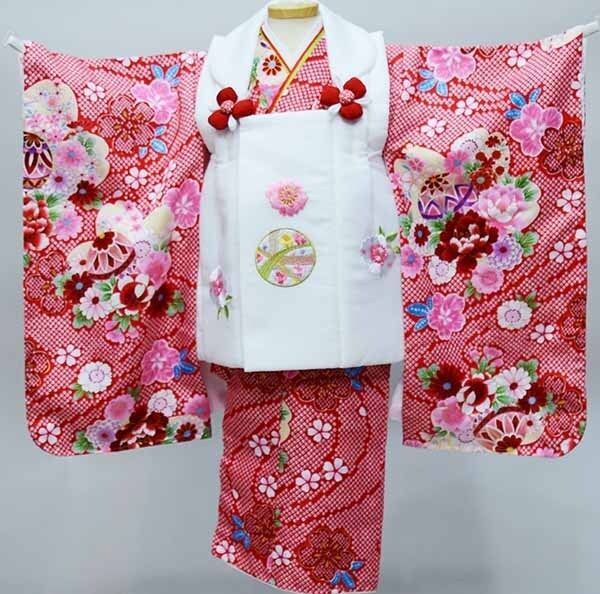 七五三 三歳 女児 被布着物フルセット 赤色×白色 半衿伊達襟付き 花ひめ 合繊 かかと止め付き お仕立て無料 NO36979