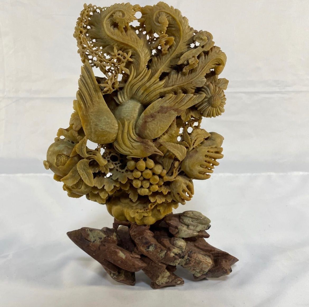 鳳凰 牡丹 精密細工 石材置物 オブジェ インテリア 2.6kg