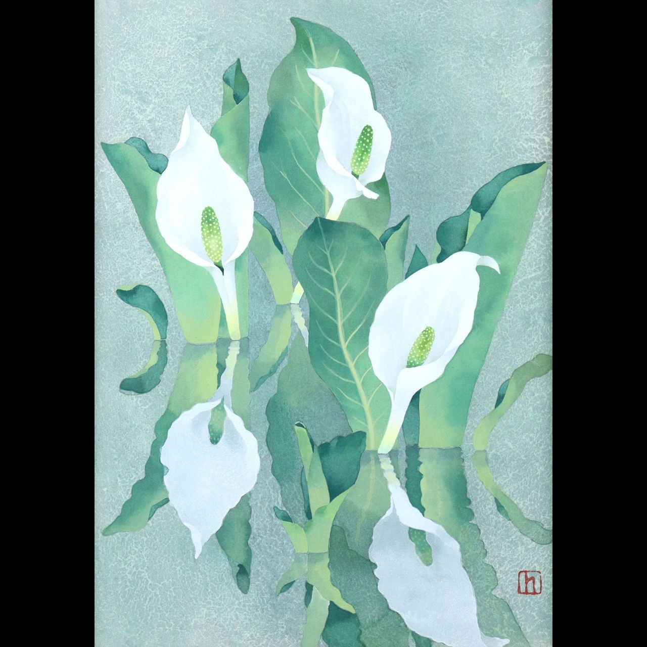 酒井一「水芭蕉」 肉筆日本画4号 共シール 唐物 骨董 古美術 楾 D66-S