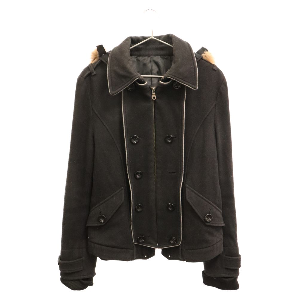 PPFM (ピーピーエフエム) Double Breast Hooded Jacket フーディーファー ジップアップ ウールジャケット ブラック