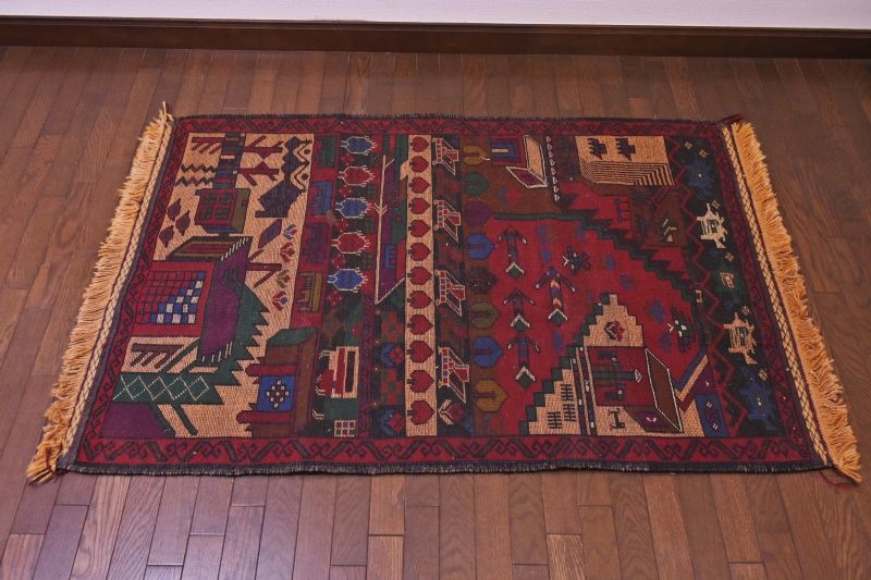 ヴィンテージラグ　ラホール産 53x40cm 手織り絨毯 トライバルラグ RAGU191 トライバルラグ ウール絨毯 アンティーク ヴィンテージ 90cm