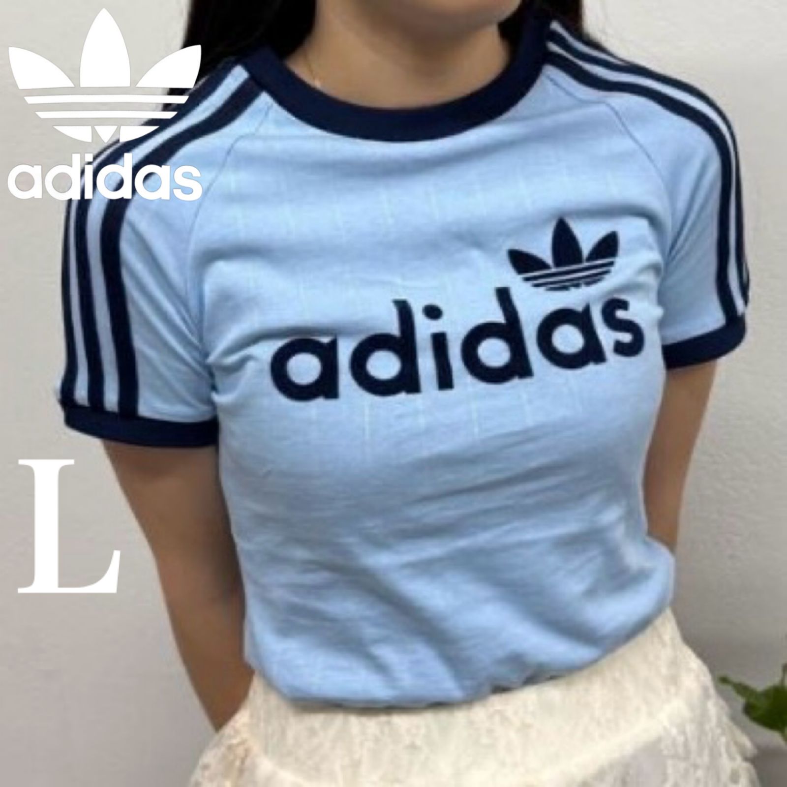 新品L adidas リニアグラフィック カリTシャツ ブルー×ネイビー 新品L⭐️adidas リニアグラフィック カリTシャツ ブルー