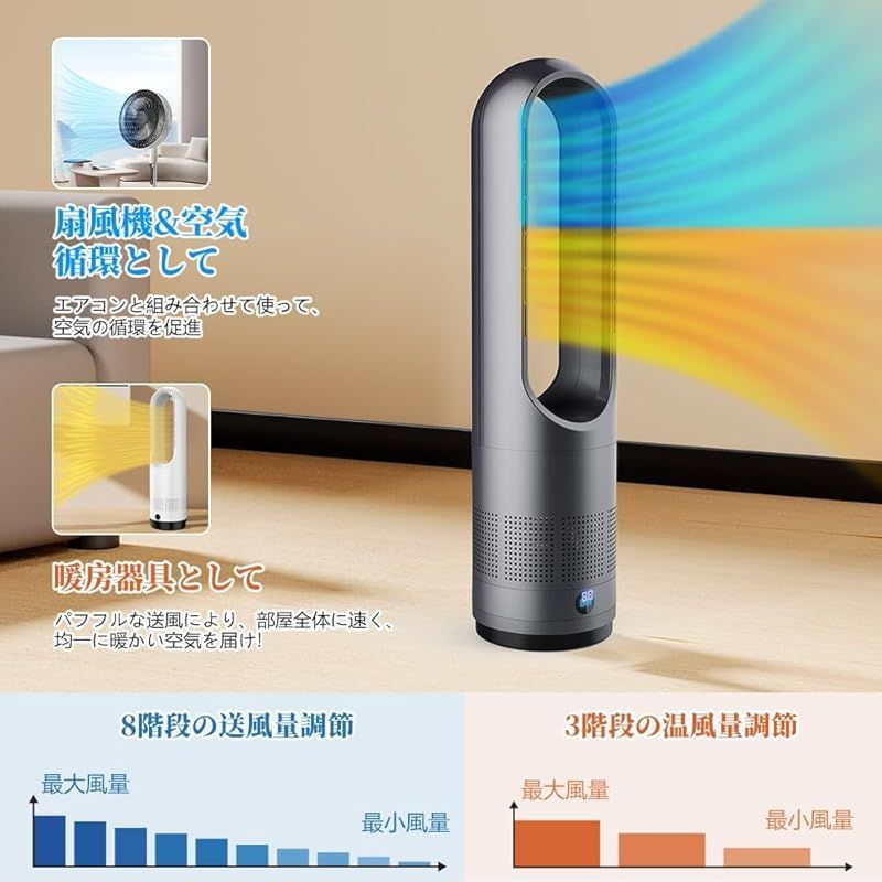 冷暖両用＆羽根なし 扇風機 タワーファン ファンヒーター スリム扇風機 3段階暖風 8段階冷風切り替え 100°左右首振り 1-9Hタイマー設定可 転倒自動OFF 過熱保護 リモコン付き 省エネ 軽量 持ち運び便利 部屋 洗面所 脱衣所適用 セラ 0