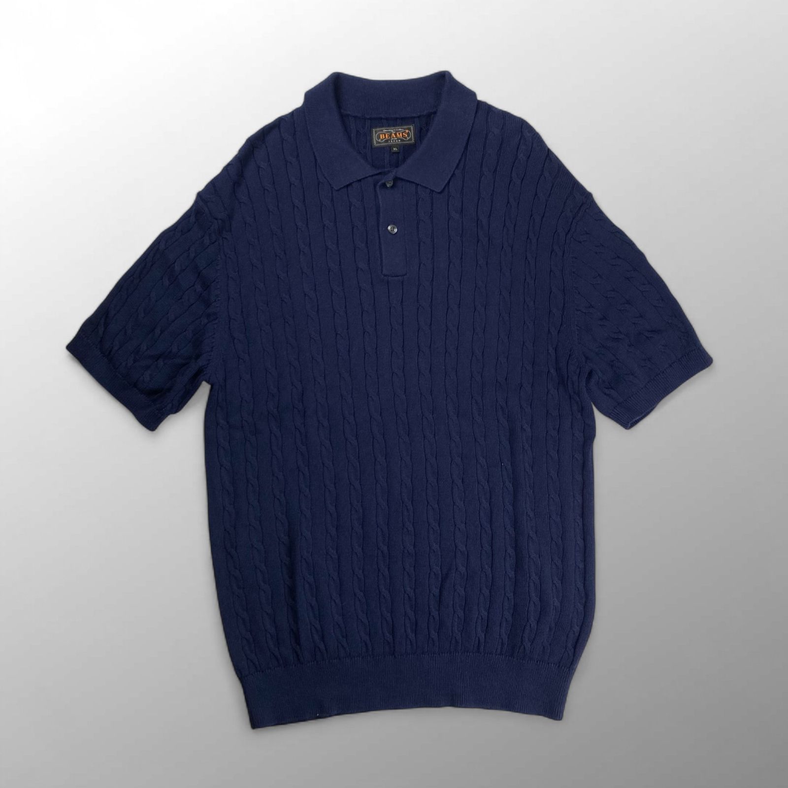 新品タグ付き　BEAMS+　ニットポロシャツ　ケーブル編み　ネイビー　XL 新品タグ付き BEAMS+ ニットポロシャツ ケーブル編み ネイビー XL
