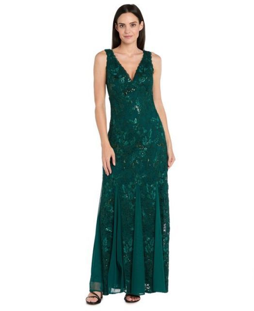 送料無料 アールアンドエムリチャーズ レディース ワンピース トップス Women s Lace - Sequin V-Neck Sleeveless Gown Evergreen
