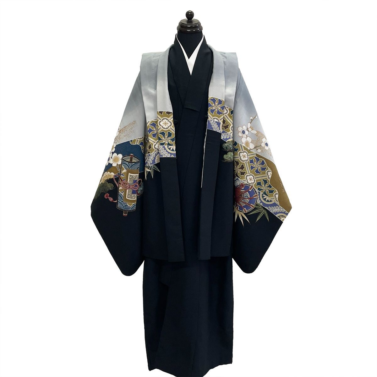 子供 羽織 着物 長襦袢 セット No.808 黒 グレー 男の子 七五三 宅配便|LE2