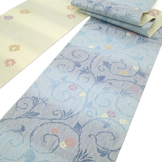 袋帯 リバーシブル 両面 正絹 軽量帯 薄黄 × 水色 花柄 花唐草 カジュアル 春 秋 冬 中古品 仕立て上がり みやがわ sb53147 miyagawa-kimono_sb53147