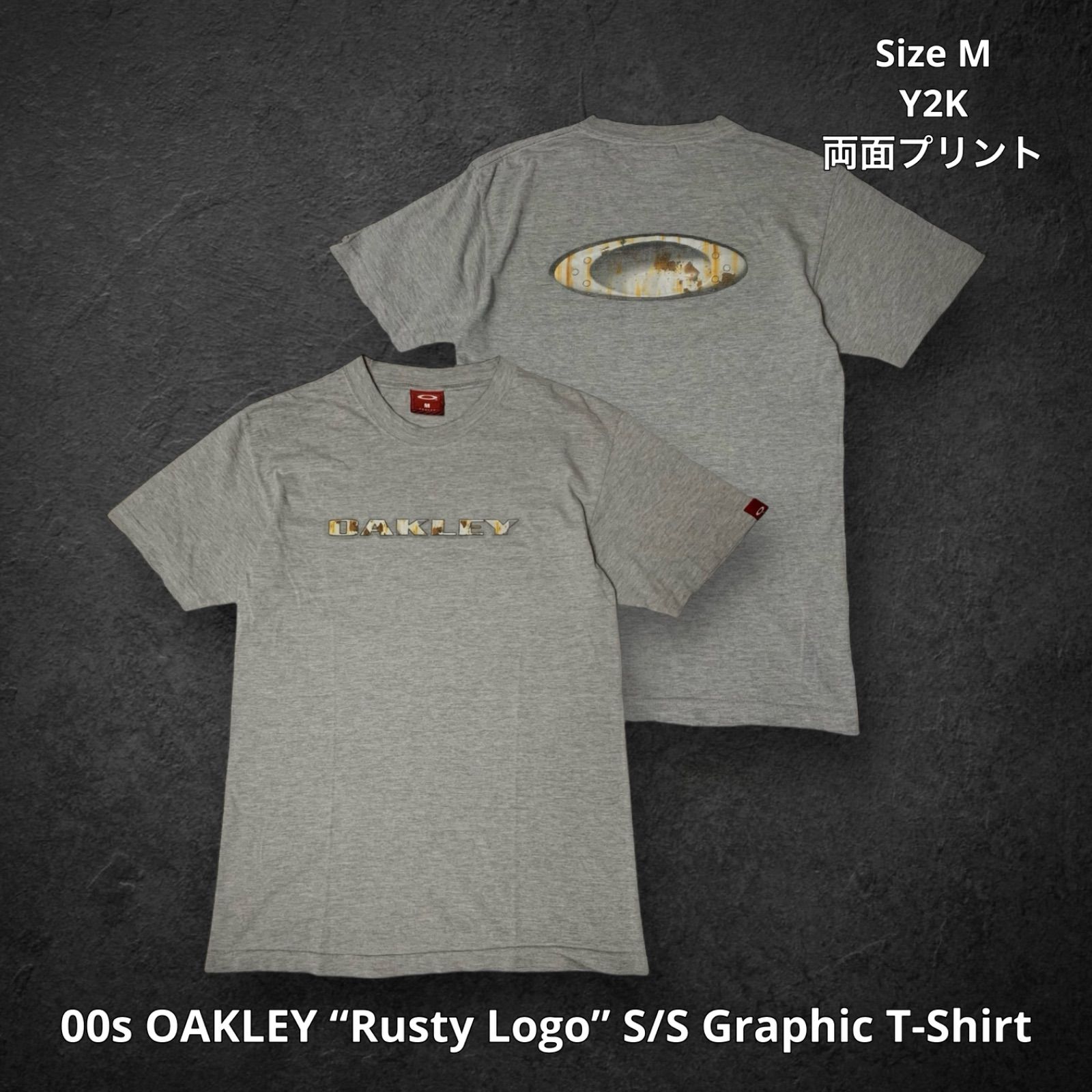 00s OAKLEY “Rusty Logo” S/S Graphic T-Shirt オークリー ロゴグラフィックTシャツ 半袖 グレー Mサイズ  両面プリント グランジ 錆 Y2K テックウェア ストリート アーカイブ