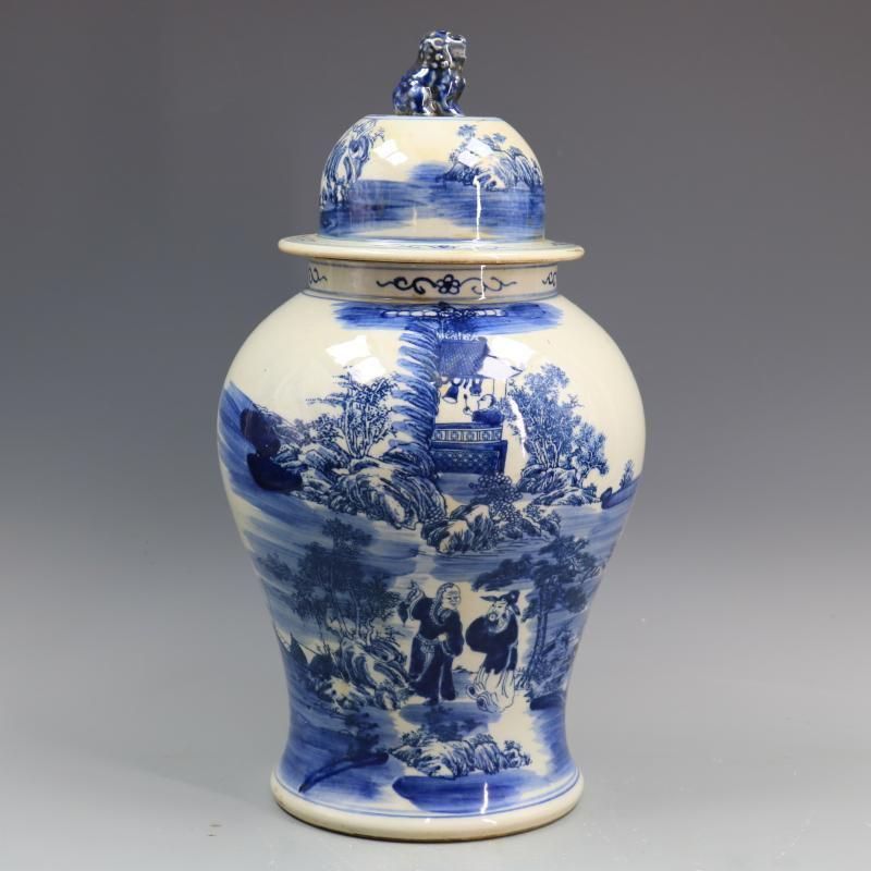 清康熙鯖山水人物獅子頭将軍缶 景徳鎮 陶磁器 装飾品 現代工芸品 美術品 置物 清康熙鯖山水人物獅子頭将軍缶 景徳鎮 陶磁器 装飾品 現代工芸品