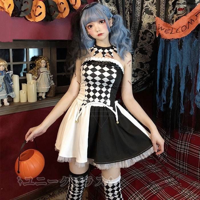 ハロウィン衣装　ハロウィン コスプレ魔女 ハロウィン コスプレ ワンピース ピエロ レディース 5点セットコスチューム 大人用 ハロウィン 衣装 仮装 コスプレ 魔女 コスプレ ハロウィーン パーティー 変装 halloween58