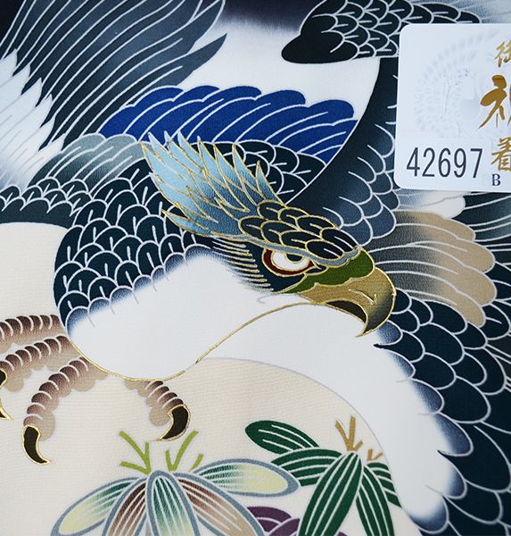 お宮参り 産着 のしめ 男児 男の子 正絹 羽二重 豪華絢爛 黒地 鷹 祝着 一つ身 掛け着 熨斗目 NO42697