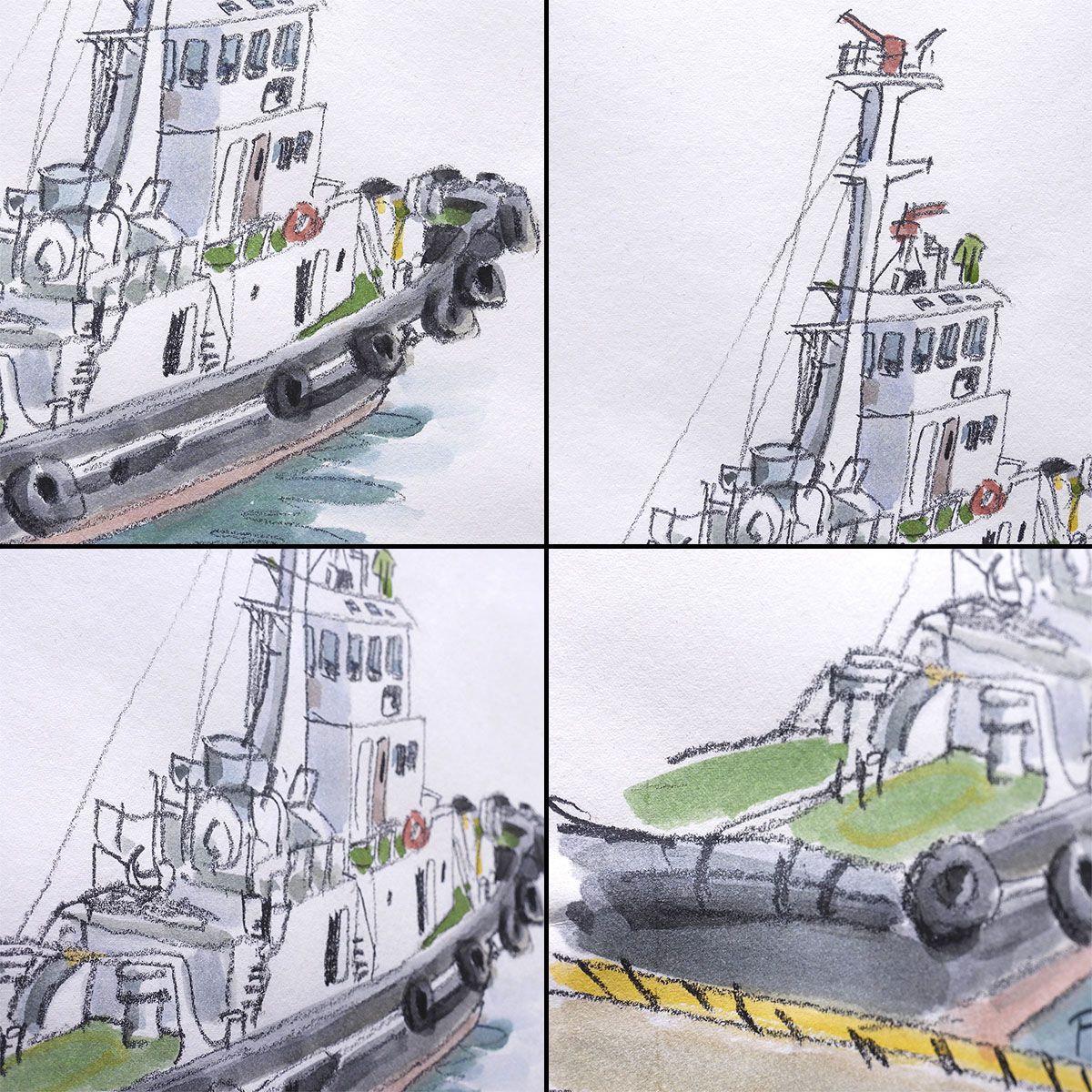 柳原良平 横浜港のタグボート 紙に水彩4号 公式鑑定書付 船 舟 海