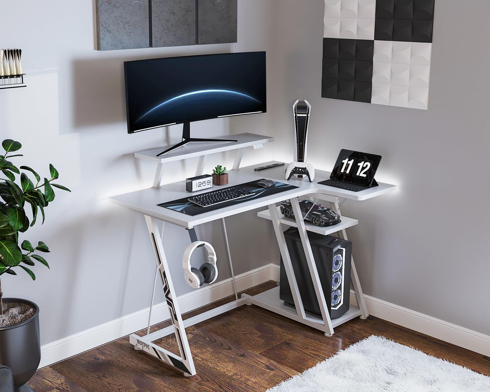 PCデスク L字デスク 炭素繊維天板 モニター台付き LEDライト付き ゲーミングテーブル フック付き コンセント付き ゲーミングデスク パソコンデスク ゲーミング机 MOTPK 幅100cm 奥行50cm 高さ75cm ホワイト