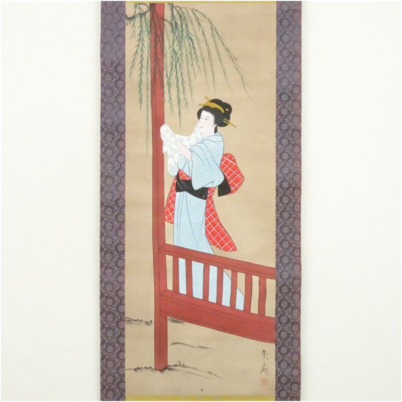 紫扇筆 美人図 肉筆絹本掛軸（保護箱） 掛け軸 床の間 書 おしゃれ