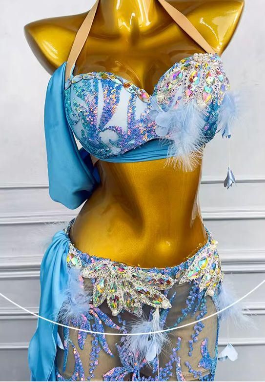 ベリーダンス オリエンタル衣装 透けます 水色ブラ スカート オーダー