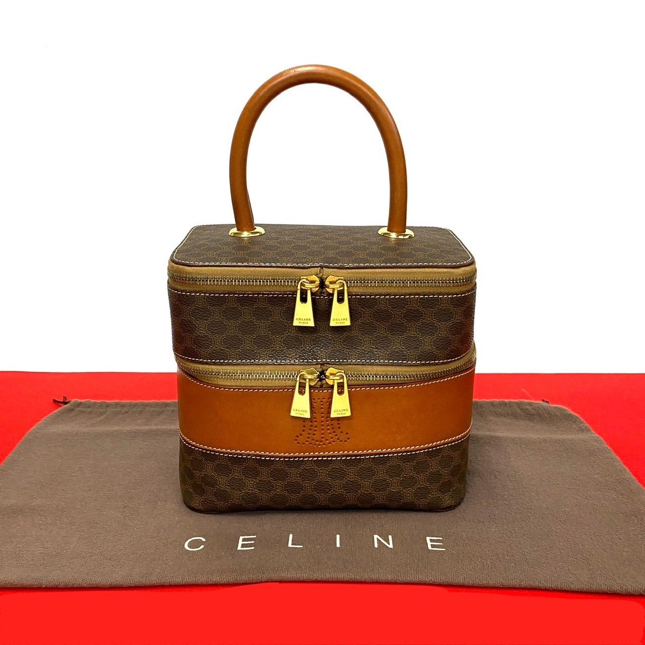 極 美品 希少品 CELINE セリーヌ ヴィンテージ マカダム ブラゾン 柄 レザー 本革 ハンドバッグ バニティバッグ ブラウン 茶 p0006  - メルカリ