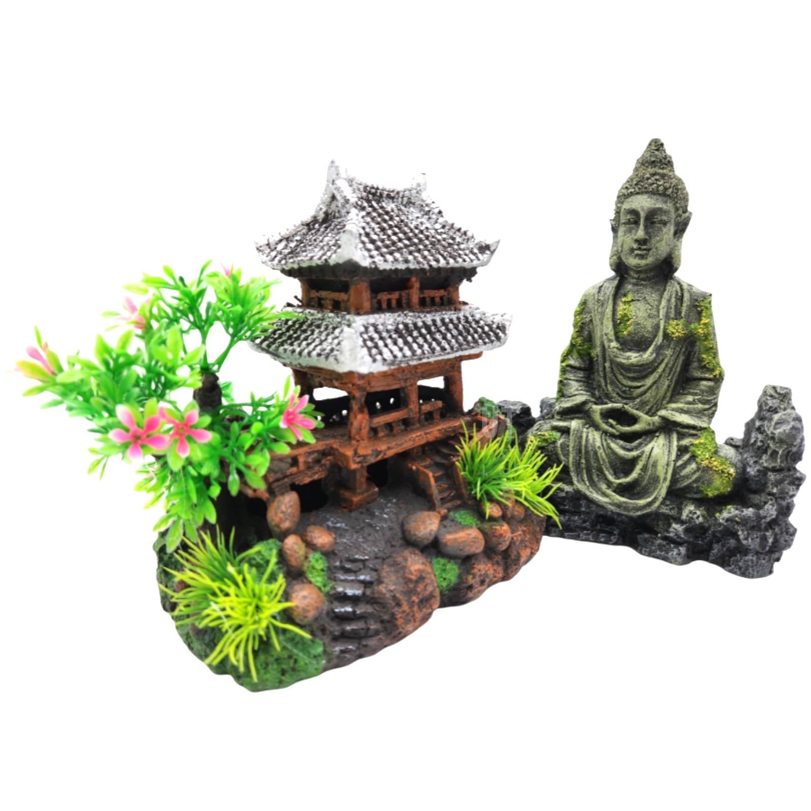 UTST アクアリウム 仏像 水槽 オブジェ 隠れ家 水槽 オーナメント 和風 水槽 オブジェ 神社 ミニ水族館 インテリア 水槽用品 (仏様＋神社) [仏様＋神社]