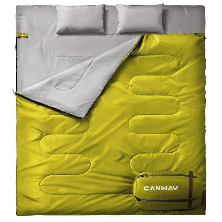 ワイドサイズ タフタ ゴールド CANWAY 寝袋 2人用 防水シュラフ スリーピングバッグ 封筒型 キャンプ 連結解体可能 車中泊 防災用 災害時 避難用 コンパクト 最低温度0度 枕2つ・収納パック付 丸洗い 3カラー選択可能 (ワイドサイズ タフタ ゴールド) ワイドサイズ タフタ ゴールド CANWAY 寝袋 2人用 防水シュラフ
