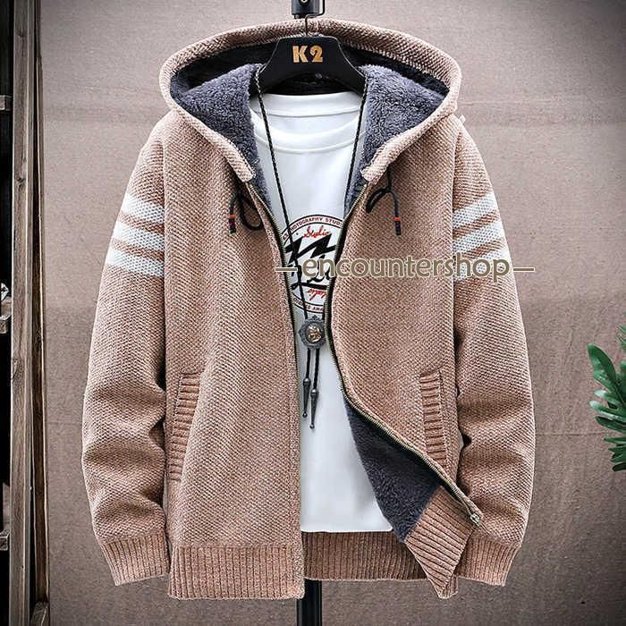 ニットカーディガン パーカー メンズ 裏起毛 長袖 ライン付き アウター スウェット ジャケット 厚手 ルームウェア 部屋着 スポーツ ボーダー 暖か 防寒 秋冬CYB789