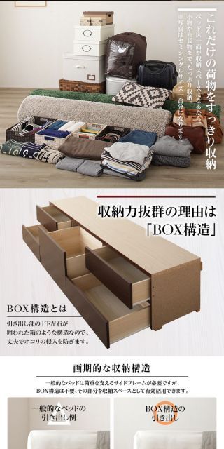 省スペース ヘッドボード 頑丈 大容量 BOX収納 ベッド セミシングルサイズ (フレームのみ) 日本製 低ホルムアルデヒドF 長尺物収納可 引き出し5杯 アイボリー【代引不可】 省スペース 頑丈 ベッド 組立設置 フラット 2コンセント
