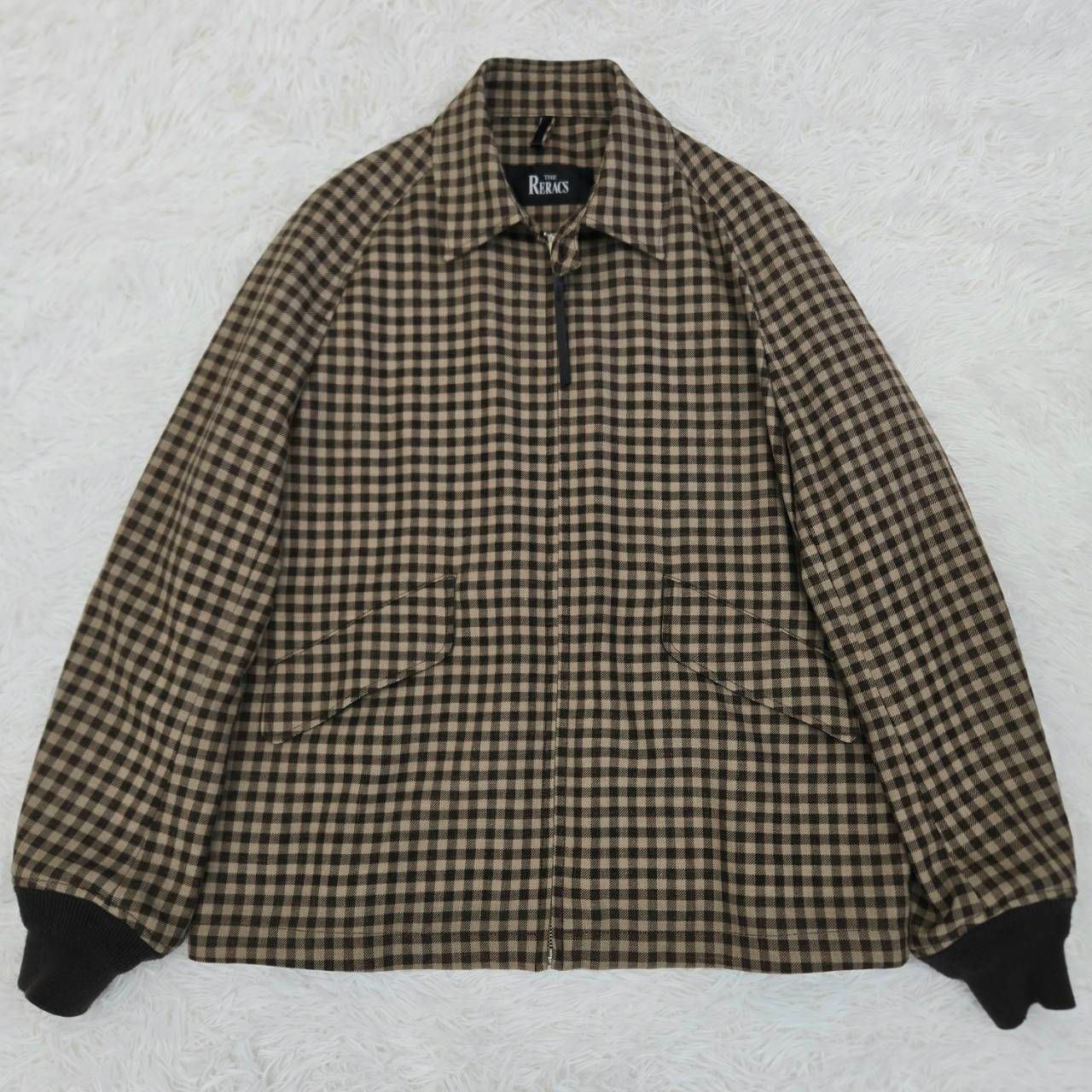 THE RERACS ザ リラクス スイングトップ ハリントンジャケット ガンクラブチェック リネン混 ジップアップ ブルゾン 20SS ブラウン 48 Lサイズ相当