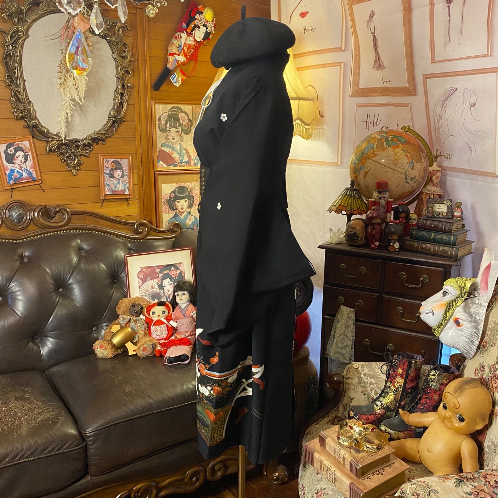 童子 唐子 留袖 ワンピース 和洋折衷 黒留袖 着物 リメイク ワンピース ドレス 洗える 化繊