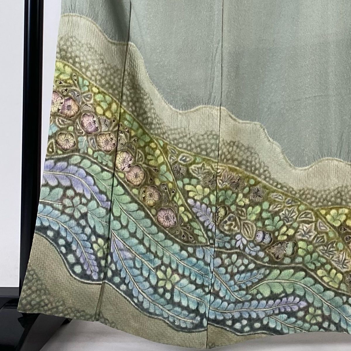 訪問着 身丈164.5cm 裄丈66cm M 袷 樋熊哲也 落款 辻が花柄 絞り 灰緑  