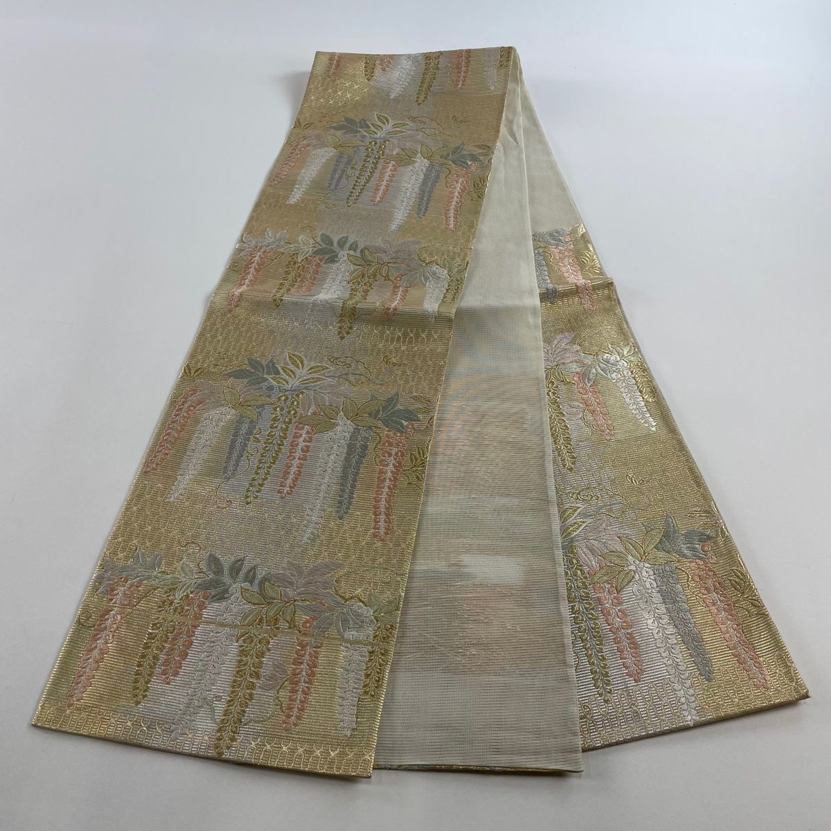 袋帯 美品 名品 夏帯 段に藤文様 箔 金糸 金色 六通 正絹 【中古