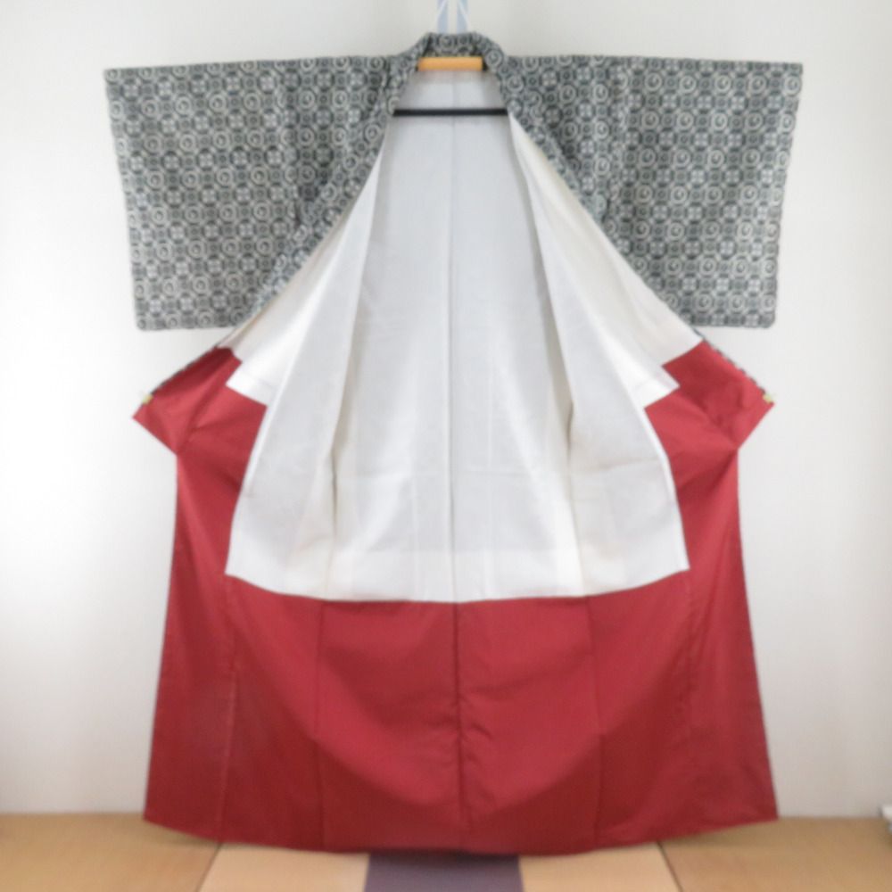 小紋 片身変わり 縞模様x千鳥格子模様 グレー 単衣 広衿 正絹 仕立て