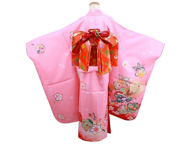 【人気SALE，最新作】 7歳用 フルセット 絵羽柄 四ッ身 着物 結び帯 大寸 箱せこセット ピンクの着物 7kk-100（帯546） 着物・着物ドレス