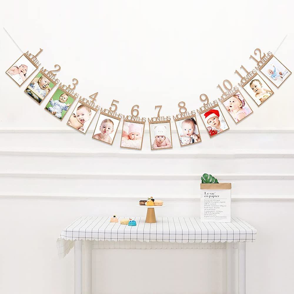 フォトフレーム 飾り付け 1歳 ガーランド 12ヶ月 バースディ パーティー お祝い 装飾 写真 壁掛け 写真フレーム 写真立て 記念日 赤ちゃん 結婚 ひも付き 茶色