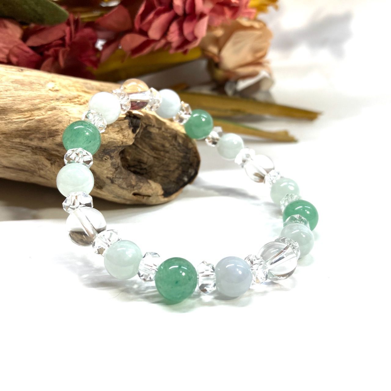 ビルマ翡翠 アベンチュリン 水晶  天然石 パワーストーンブレスレット 8mm（カット水晶）レディース 女性  数珠ブレス 開運 プレゼント ギフト  [7]