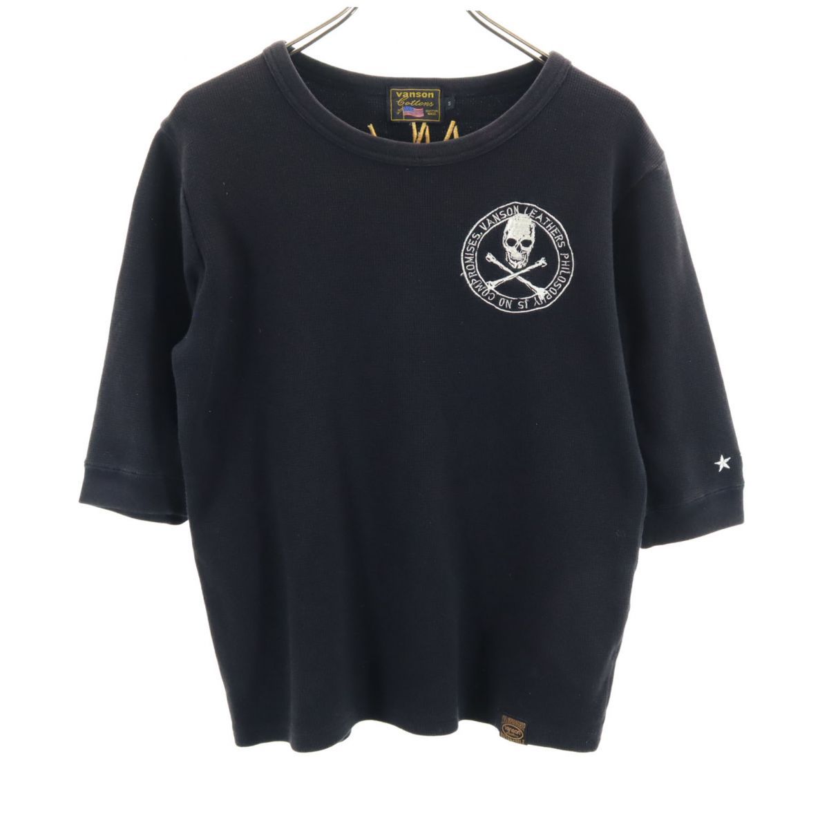 バンソンコットン バックプリント 5分袖 Tシャツ S ブラック VANSON cotton メンズ 古着 【240309】