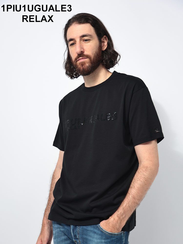 1PIU1UGUALE3 RELAX (ウノ ピュ ウノ ウグァーレ トレ リラックス) ラインストーンロゴ 無地＆迷彩 半袖Tシャツ ストレッチ 1PRUST24095SZ メンズ (ブラック)